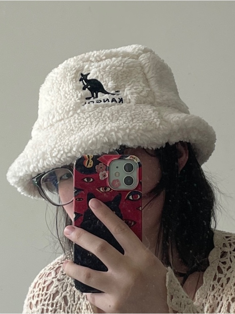 Kangol Cream Sherpa Bucket Hat with Embroidered Logo